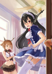 Rule 34 | 10s, 1girl, 2girls, alternate costume, apron, bare shoulders, black hair, blurry, blush, breasts, brown hair, caught, chain, depth of field, doorway, embarrassed, enmaided, garter straps, gloves, hair ornament, hairband, headgear, highres, just as planned (meme), kantai collection, long hair, maid, maid apron, maid headdress, majicjiang, meme, midriff, multiple girls, mutsu (kancolle), nagato (kancolle), navel, open mouth, personification, pov doorway, red eyes, ribbon, short hair, skirt, smile, surprised, thighhighs, wavy mouth