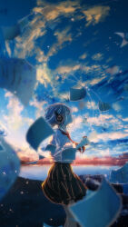 Rule 34 | 1girl, absurdres, black headphones, black skirt, blurry, blurry foreground, closed eyes, closed mouth, cloud, cloudy sky, digital media player, facing up, feet out of frame, from side, grey hair, headphones, highres, holding, holding digital media player, long sleeves, neckerchief, original, outdoors, paper, pleated skirt, profile, red neckerchief, shirt, short hair, skirt, sky, solo, water, white shirt, y y (ysk ygc)