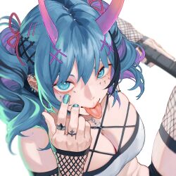 Rule 34 | 1girl, akanbe, bare shoulders, blue eyes, blue hair, blue nails, breasts, cleavage, colored inner hair, commentary, cross, cross necklace, ear piercing, earrings, eyelid pull, facial tattoo, fishnet gloves, fishnet thighhighs, fishnets, gloves, gun, half gloves, highres, horns, jewelry, large breasts, looking at viewer, multicolored hair, multiple rings, necklace, oni horns, original, piercing, pink hair, ring, sadkoe, simple background, solo, symbol-only commentary, tattoo, thighhighs, tongue, tongue out, twintails, weapon, white background