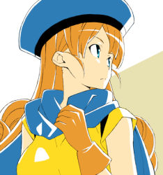 Rule 34 | 1girl, alena (dq4), blue eyes, breasts, cape, dragon quest, dragon quest iv, drill hair, gloves, hat, kurai nao, long hair, looking back, orange hair, shirt, short sleeves, solo, two-tone background, yellow shirt