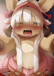Rule 34 | 1other, after kiss, body fur, brown eyes, dagashi (daga2626), fangs, furry, hat, heart, heart-shaped pupils, highres, long hair, made in abyss, nanachi (made in abyss), open mouth, pov, saliva, saliva trail, solo, sweat, symbol-shaped pupils, teeth, upper teeth only, whiskers, white hair
