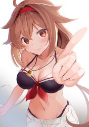 Rule 34 | 1girl, absurdres, adapted costume, alternate costume, bikini, blush, breasts, brown eyes, brown hair, cleavage, hair between eyes, hair flaps, hairband, highres, index finger raised, kantai collection, long hair, looking at viewer, low twintails, medium breasts, red hairband, shiratsuyu (kancolle), shiratsuyu kai ni (kancolle), shorts, smile, swimsuit, twintails, whistle, whistle around neck, yunamaro
