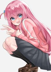 Rule 34 | 1girl, absurdres, blue eyes, bocchi the rock!, breasts, cube hair ornament, gotoh hitori, hair between eyes, hair ornament, highres, jacket, long hair, long sleeves, looking at viewer, multiple girls, one side up, open mouth, pink hair, pink jacket, puroteinaa, shirt, simple background, skirt, solo, track jacket, track suit