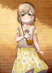 Rule 34 | 1girl, absurdres, bag, blush, brown hair, closed mouth, floral print, hair ornament, hairclip, highres, looking at viewer, meito (maze), original, print skirt, scrunchie, short hair, skirt, solo, sweater vest, wall, watch, white skirt, wrist scrunchie, wristwatch, yellow eyes