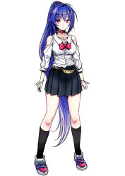 Rule 34 | bare shoulders, black skirt, black socks, blue hair, bow, bowtie, bracelet, character request, choker, clothing cutout, collarbone, collared shirt, full body, high ponytail, highres, jewelry, kneehighs, long hair, looking at viewer, miniskirt, pink eyes, pleated skirt, puyo (puyotopia), red bow, red bowtie, shirt, shoes, shoulder cutout, simple background, skirt, sneakers, socks, standing, thighs, very long hair, white background, white shirt