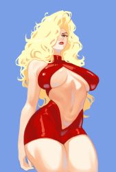 Rule 34 | 1girl, bare arms, bare shoulders, blonde hair, blue background, bodysuit, breasts, breasts apart, brown eyes, center opening, covered erect nipples, cowboy shot, cromwaits, curly hair, curvy, dress, eyeliner, golden boy, hair over one eye, halterneck, highres, large breasts, latex, latex bodysuit, legs together, limited palette, lipstick, long hair, makeup, mismatched eyebrows, navel, no bra, nose, onna shachou, parted lips, red dress, red lips, revealing clothes, short dress, simple background, sleeveless, solo, standing, thick thighs, thighs, tight clothes, underboob