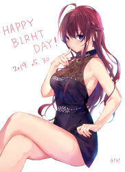 Rule 34 | 1girl, ahoge, armpits, bare legs, black dress, blue eyes, blush, braid, breasts, cleavage, crossed legs, dated, dress, feet out of frame, finger to mouth, happy birthday, highres, ichinose shiki, idolmaster, idolmaster cinderella girls, invisible chair, long hair, looking at viewer, medium breasts, purple hair, see-through, see-through cleavage, shiromonefu, sitting, sleeveless, sleeveless dress, smile, solo, very long hair