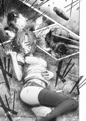 Rule 34 | 3girls, blush, breasts, buruma, comic, closed eyes, fire, firing, greyscale, gym uniform, hand on own stomach, hong meiling, imizu (nitro unknown), lying, monochrome, multiple girls, navel, on back, on ground, remilia scarlet, rubble, shell casing, shirt, short hair, small breasts, smoke, sweat, t-shirt, tactical clothes, thighhighs, touhou, translation request, uniform