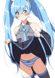 Rule 34 | 1girl, bad id, bad pixiv id, bare shoulders, blue eyes, blue hair, blue necktie, blush, breasts, clothes lift, feet out of frame, hair between eyes, hair ornament, hatsune miku, lifting own clothes, long hair, looking at viewer, necktie, panties, senjitsu musou, simple background, skirt, skirt lift, small breasts, solo, striped clothes, striped panties, thighhighs, tie clip, twintails, underwear, very long hair, vocaloid, white background, zettai ryouiki