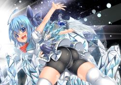Rule 34 | 1girl, ahoge, alternate costume, ass, bike shorts, bike shorts under skirt, blue eyes, blue hair, bow, cameltoe, cirno, fang, hair bow, huge ahoge, ice, ice wings, kantarou (nurumayutei), looking at viewer, looking back, matching hair/eyes, open mouth, shirt, shorts, shorts under skirt, skirt, skirt set, smile, solo, staff, thighhighs, touhou, white thighhighs, wings