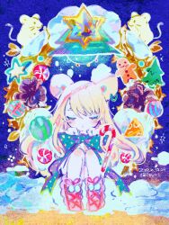 Rule 34 | 1girl, animal ears, blonde hair, blue background, blue bow, boots, bow, candy, candy cane, christmas, christmas ornaments, christmas wreath, closed eyes, closed mouth, commentary, dated, facing viewer, food, full body, highres, kiato, knees up, long hair, mouse (animal), mouse ears, original, pine tree, pink footwear, signature, sitting, snow, solo, star (symbol), symbol-only commentary, tree, wreath