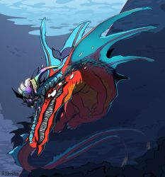 Rule 34 | 1boy, 1girl, ancientmermaimon, armor, artist request, covered eyes, crying, digimon, leviamon, lipstick, looking at another, makeup, mermaid, monster, monster girl, scales, seven great demon lords, sharp teeth, size difference, swimming, tail, tears, teeth, underwater