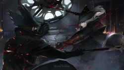 Rule 34 | 1boy, 1girl, ascot, axe, black headwear, blonde hair, blood, blood on face, bloodborne, bloody weapon, brown cloak, brown gloves, cal (calcalpoi), cape, cloak, clock, clock tower, commentary request, copyright name, from behind, gloves, gun, hat, hat feather, highres, holding, holding gun, holding weapon, hunter (bloodborne), impaled, indoors, jewelry, lady maria of the astral clocktower, long hair, looking at another, looking at viewer, mask, mouth mask, necklace, ponytail, rakuyo (bloodborne), scenery, short hair, smile, sword, the old hunters, tower, tricorne, weapon