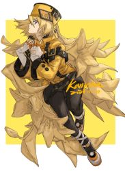 Rule 34 | 1girl, amatuki, artist name, belt, blonde hair, blue eyes, blush, border, dated, fingerless gloves, flower, fur hat, gloves, guilty gear, guilty gear xrd, hand on own chest, hat, highres, license plate, long hair, looking at viewer, looking to the side, millia rage, panties, pantyhose, pink panties, simple background, solo, underwear, ushanka, very long hair, white background, white border, white gloves, yellow background