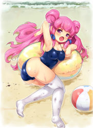 Rule 34 | 1girl, ass, beach, blush, bow, breasts, cleavage, double bun, fang, hair bow, hair bun, hakiata, innertube, lying, on side, open mouth, original, partially submerged, pink hair, purple eyes, school swimsuit, sidelocks, solo, swim ring, swimsuit, thighhighs, water, wet, white thighhighs