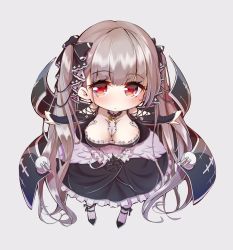 Rule 34 | 1girl, azur lane, black bow, black dress, black footwear, bow, breasts, chibi, cleavage, closed mouth, dress, formidable (azur lane), frilled dress, frills, full body, grey hair, hair bow, highres, imo bouya, large breasts, long hair, looking at viewer, pantyhose, red eyes, shoes, solo, twintails, very long hair, white pantyhose