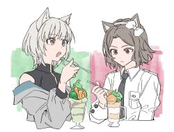 2girls :&lt; akni animal_ears bang_dream! bang_dream!_it&#039;s_mygo!!!!! black_necktie black_shirt blue_eyes bow breast_pocket cat_ears cat_girl closed_mouth commentary cropped_torso crossover ebizuka_tomo girls_band_cry grey_hair grey_jacket hair_bow hairband heterochromia holding_ice_cream_scoop jacket kaname_raana kemonomimi_mode matcha_(food) matcha_parfait multiple_girls necktie off_shoulder open_mouth pocket red_eyes shirt short_hair sleeveless sleeveless_shirt symbol-only_commentary upper_body white_bow white_hair white_hairband yellow_eyes