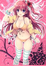 Rule 34 | 1girl, absurdres, bare shoulders, bikini, blush, bracelet, breasts, cleavage, collarbone, fang, fingernails, flower, front-tie bikini top, front-tie top, hair flower, hair ornament, hibiscus, highres, jacket, jacket over swimsuit, jewelry, large breasts, long hair, nanaroba hana, navel, necklace, off shoulder, one side up, open clothes, open jacket, original, polka dot, polka dot bikini, purple eyes, red hair, scan, scrunchie, shiny skin, shirt, short sleeves, side-tie bikini bottom, simple background, solo, standing, star (symbol), starry background, stomach, striped clothes, striped thighhighs, swimsuit, thighhighs