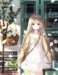 Rule 34 | 1girl, bag, blonde hair, blurry, blurry foreground, blush, building, cardigan, closed mouth, collarbone, door, dress, expressionless, flower, handbag, leaf, long hair, long sleeves, looking at viewer, original, outdoors, plant, rose, solo, standing, white dress, white flower, white rose, window, yaya (yayaa 00), yellow cardigan, yellow eyes