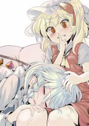Rule 34 | 2girls, apron, blonde hair, braid, commentary request, closed eyes, fingernails, flandre scarlet, geppewi, hat, highres, izayoi sakuya, lap pillow, long fingernails, long hair, looking at viewer, maid apron, mob cap, multiple girls, red eyes, red skirt, red vest, shirt, silver hair, sitting, skirt, sleeping, slit pupils, smile, touhou, vest, white headwear, white shirt, wings