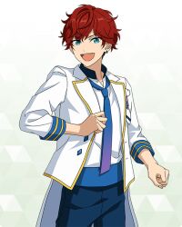 Rule 34 | 1boy, adjusting clothes, amagi hiiro, aqua eyes, buttons, clenched hand, cowboy shot, dot nose, earrings, ensemble stars!, gradient necktie, happy elements, hoop earrings, jacket, jewelry, lapels, long sleeves, looking at viewer, male focus, necktie, notched lapels, official art, open clothes, open jacket, open mouth, red hair, short hair, sleeves past elbows, solo, split mouth, teeth, third-party source, two-tone necktie, upper teeth only