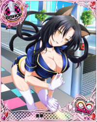 Rule 34 | 10s, 1girl, animal ears, bishop (chess), black hair, breasts, card (medium), cat ears, cat tail, character name, chess piece, cleavage, gloves, hair rings, high school dxd, high school dxd infinity, huge breasts, kuroka, kuroka (high school dxd), lipstick, long hair, makeup, miniskirt, multiple tails, official art, purple lips, skirt, solo, tail, thighhighs, trading card, white gloves, white thighhighs, yellow eyes