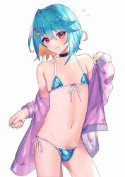Rule 34 | 1boy, akimizu tago, artist request, bikini, blue bikini, blue nails, bulge, choker, clenched hand, embarrassed, front-tie bikini top, front-tie top, frown, indie virtual youtuber, jacket, light frown, looking at viewer, micro bikini, nail polish, navel, off shoulder, red hair, side-tie bikini bottom, solo, swimsuit, trap, virtual youtuber, white background