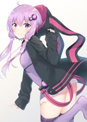 Rule 34 | 1girl, ahoge, blush, closed mouth, gradient background, grey background, hair between eyes, hair ornament, highres, hood, long sleeves, looking at viewer, low twintails, purple eyes, purple hair, purple thighhighs, short hair with long locks, sleeves past wrists, smile, solo, thighhighs, twintails, vocaloid, voiceroid, white background, yukarite, yuzuki yukari