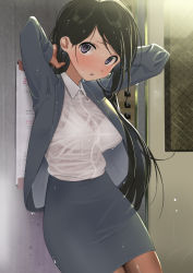 Rule 34 | 1girl, adjusting hair, against wall, arms behind head, black hair, blush, bra, breasts, brown pantyhose, business suit, collared shirt, copyright request, cowboy shot, dress shirt, formal, furuyama itaru, grey skirt, grey suit, jacket, lapels, long hair, looking at viewer, medium breasts, notched lapels, office lady, open clothes, open jacket, original, pantyhose, pencil skirt, purple eyes, see-through, shirt, skirt, solo, standing, suit, thighs, underwear, wet, wet clothes, wet hair, wet shirt, white bra