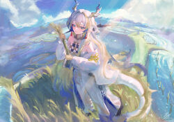 Rule 34 | 1girl, absurdres, aqua eyes, arknights, barefoot, blonde hair, blue hair, blue sky, blush, chinese commentary, cloud, day, dragon horns, earrings, eyeliner, highres, horns, jewelry, lolifreak, long hair, makeup, multicolored hair, necklace, outdoors, pointy ears, rice (plant), rice paddy, shu (arknights), sky, smile, solo, tail, white hair
