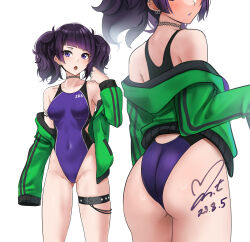 Rule 34 | 1girl, ass, black hair, blunt bangs, breasts, commentary request, commission, competition swimsuit, covered navel, cowboy shot, dated, diagonal bangs, from behind, green jacket, grey hair, head out of frame, highleg, highleg swimsuit, highres, idolmaster, idolmaster shiny colors, impossible clothes, impossible swimsuit, jacket, long hair, looking at viewer, medium breasts, multiple views, one-piece swimsuit, pixiv commission, purple eyes, purple hair, purple one-piece swimsuit, short twintails, signature, simple background, sleeves past fingers, sleeves past wrists, swimsuit, tanaka mamimi, thigh strap, twintails, white background, yoo tenchi