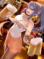 Rule 34 | 1girl, alcohol, alternate costume, alternate hairstyle, beer, beer mug, blue eyes, blue hair, breasts, chicken (food), cleavage, commission, cup, fire emblem, fire emblem awakening, foam, food, high ponytail, highres, holding, holding cup, hooters, indoors, long hair, lucina (fire emblem), medium breasts, momdy (talesshinja), mug, nintendo, open mouth, orange shorts, pantyhose, people, plate, ponytail, restaurant, shirt tucked in, short shorts, shorts, skeb commission, solo focus, strap slip, sweat, tank top, tiara, v-shaped eyebrows, very long hair, waitress, white tank top
