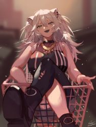 Rule 34 | 1girl, absurdres, animal ear fluff, animal ears, black footwear, black pantyhose, boots, breasts, cleavage, dokuro deluxe, ear piercing, eyebrows hidden by hair, fangs, grey eyes, grey hair, halterneck, highres, hololive, large breasts, lion ears, lion girl, long hair, looking at viewer, open mouth, pantyhose, piercing, see-through, see-through cleavage, shishiro botan, shishiro botan (1st costume), shopping cart, single leg pantyhose, sitting, smile, smug, solo, torn clothes, torn pantyhose, virtual youtuber