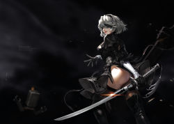 Rule 34 | 1girl, absurdres, artist name, ass, backless dress, backless outfit, black dress, black footwear, black gloves, black hairband, black ribbon, black thighhighs, blindfold, boots, breasts, broadsword, chain, character name, copyright name, covered eyes, cowboy shot, dress, drone, feather-trimmed sleeves, feather trim, floating, from side, glint, gloves, greatsword, grey hair, hair over eyes, hairband, highleg, highleg leotard, highres, huge weapon, juliet sleeves, katana, leotard, long sleeves, machinery, medium breasts, mole, mole under mouth, nier (series), nier:automata, nose, parted lips, pink lips, pod (nier:automata), print dress, puffy sleeves, ribbon, robot, short dress, short hair, side slit, solo, sword, tassel, thigh boots, thighhighs, thong, thong leotard, turtleneck, vambraces, weapon, weapon on back, white leotard, wind, wind lift, wonst92, 2b (nier:automata)