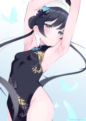 Rule 34 | 1girl, absurdres, armpits, arms up, black dress, black hair, blue archive, breasts, butterfly hair ornament, china dress, chinese clothes, closed mouth, commentary request, dragon print, dress, gradient background, grey background, grey eyes, hair ornament, halo, highres, inuinuo gataken, kisaki (blue archive), looking at viewer, print dress, sleeveless, sleeveless dress, small breasts, solo, thighs, twintails, twitter username