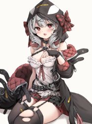 Rule 34 | 1girl, absurdres, animal hood, bare shoulders, belt, black belt, black coat, black gloves, black hair, black thighhighs, blush, bow, breasts, camisole, chain, cleavage, coat, collar, fingerless gloves, garter straps, gloves, hair between eyes, hair ornament, highres, hololive, holox, hood, jacket, jeon (user ywaw3774), large breasts, looking at viewer, medium hair, multicolored hair, off-shoulder jacket, off shoulder, orca hood, plaid, plaid bow, plaid skirt, red eyes, sakamata chloe, silver hair, simple background, skirt, solo, streaked hair, thighhighs, torn clothes, torn thighhighs, virtual youtuber, white background, white camisole, x hair ornament, zettai ryouiki