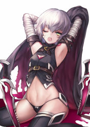 Rule 34 | 1girl, ;d, arisato yui, armpits, bad id, bad pixiv id, bandages, bare shoulders, black panties, black thighhighs, blush, breasts, cape, cleavage, cleavage cutout, clothing cutout, commentary request, dagger, fate/apocrypha, fate/grand order, fate (series), green eyes, highres, jack the ripper (fate/apocrypha), knife, looking at viewer, midriff, navel, one eye closed, open mouth, panties, scar, short hair, silver hair, simple background, sitting, small breasts, smile, solo, thighhighs, thighs, underwear, wariza, weapon, white background