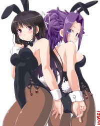 Rule 34 | 10s, 2girls, animal ears, ass, back-to-back, bare shoulders, black hair, blush, bow, bowtie, breasts, brown legwear, rabbit ears, rabbit tail, cleavage, dd (ijigendd), detached collar, fake animal ears, grin, hair ribbon, highres, hiyou (kancolle), jun&#039;you (kancolle), kantai collection, leotard, long hair, multiple girls, numbered, pantyhose, playboy bunny, purple eyes, purple hair, ribbon, smile, spiked hair, tail, wrist cuffs