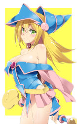 Rule 34 | 1girl, arms behind back, bare shoulders, blonde hair, blue hat, blue leotard, blush, border, breasts, cleavage, closed mouth, collar, cowboy shot, dark magician girl, from side, green eyes, hat, highres, holding, holding staff, large breasts, leotard, long hair, long sleeves, looking at viewer, looking to the side, mtu (orewamuzituda), off shoulder, outside border, pentagram, showgirl skirt, simple background, skindentation, smile, solo, staff, thighs, white border, wizard hat, yellow background, yu-gi-oh!