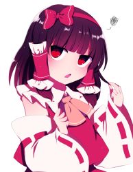 Rule 34 | 1girl, alternate hairstyle, ascot, bad id, bad twitter id, black hair, blunt bangs, bow, detached sleeves, hair tubes, hairband, hakurei reimu, highres, holding, holding hair, looking at viewer, medium hair, nontraditional miko, open mouth, red bow, red eyes, red hairband, red shirt, shirt, simple background, solo, squiggle, sweatdrop, touhou, upper body, white background, wide sleeves, yellow ascot, you (noanoamoemoe)