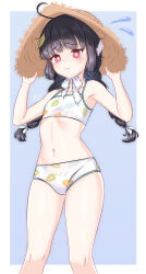 Rule 34 | 1girl, absurdres, adjusting clothes, adjusting headwear, ahoge, arada (corsair zero), armpits, bikini, black hair, blue archive, blunt bangs, braid, collarbone, commentary request, flat chest, halo, hat, highres, holding, holding clothes, holding hat, leaf, leaf on head, leaf print, long hair, looking at viewer, low twintails, miyu (blue archive), miyu (swimsuit) (blue archive), navel, official alternate costume, official alternate hairstyle, print bikini, red eyes, sidelocks, simple background, solo, stomach, straw hat, swimsuit, twin braids, twintails, white bikini