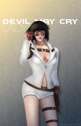 Rule 34 | 1girl, absurdres, adjusting eyewear, black hair, blue eyes, breasts, brown gloves, cao chi nhan, capcom, cowboy shot, devil may cry (series), devil may cry 4, gloves, hand on hilt, hand on own hip, heterochromia, highres, huge filesize, jacket, lady (devil may cry), lips, lipstick, makeup, no bra, nose, pinstripe pattern, realistic, red eyes, short hair, short shorts, shorts, smile, solo, striped, sunglasses, thigh strap, vertical stripes