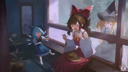 Rule 34 | &gt; &lt;, 4girls, :d, absurdres, ascot, barefoot, black hat, black vest, blonde hair, blue bow, blue hair, blush, bow, braid, brown hair, chopsticks, cirno, closed mouth, commentary, crying, detached sleeves, dress, drooling, eating, elzapatoverde, english commentary, feet out of frame, frilled hair tubes, frills, full body, hair between eyes, hair tubes, hakurei reimu, hand on window, hat, hat bow, highres, holding, holding chopsticks, holding own stomach, ice, ice wings, indoors, kirisame marisa, laughing, long hair, medium hair, mirror, mob cap, mouth drool, multiple girls, open mouth, orange eyes, outdoors, plant, pointing, pointing at another, potted plant, red bow, red ribbon, red skirt, red vest, ribbon, ribbon-trimmed sleeves, ribbon trim, saigyouji yuyuko, short hair, sidelocks, signature, single braid, sitting, skirt, smile, spicy, standing, standing on one leg, touhou, triangular headpiece, two-tone vest, vest, white bow, white dress, white sleeves, white vest, wide sleeves, window, wings, witch hat, xd, yellow ascot
