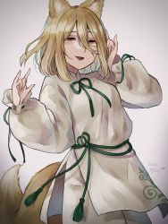 Rule 34 | 1girl, :d, adapted costume, animal ear fluff, animal ears, blonde hair, commentary, cowboy shot, dated, fingernails, fox ears, fox girl, fox shadow puppet, fox tail, green ribbon, hair between eyes, hands up, highres, kudamaki tsukasa, long sleeves, looking at viewer, m (neteitai10), medium hair, nail polish, open mouth, pants, ribbon, shirt, sign, simple background, smile, solo, tail, tassel, touhou, white background, white pants, white shirt, yellow eyes, yellow nails