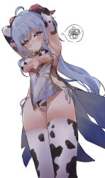 Rule 34 | 1girl, ahoge, animal print, armpits, arms up, bad id, bad pixiv id, bell, bikini, blue hair, blush, breasts, closed mouth, cow print, detached sleeves, empty eyes, epi zero, feet out of frame, from below, ganyu (genshin impact), genshin impact, highres, horns, long hair, long sleeves, looking at viewer, looking down, low ponytail, neck bell, print bikini, print sleeves, print thighhighs, purple eyes, side-tie bikini bottom, simple background, small breasts, solo, spoken squiggle, squiggle, standing, swimsuit, thighhighs, underboob, very long hair, white background, white bikini