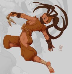 Rule 34 | 1girl, ankle wrap, antenna hair, arched back, armor, ass, bandana, between fingers, black hair, breasts, brown eyes, covered mouth, full body, hair pulled back, high ponytail, hip vent, holding, ibuki (street fighter), japanese armor, joakim sandberg, jumping, kote, kunai, long hair, looking back, mask, medium breasts, mouth mask, ninja, sideboob, soles, solo, street fighter, street fighter iii (series), toes, toned, very long hair, weapon, zoom layer