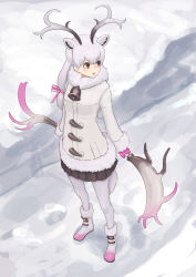 Rule 34 | 1girl, animal ears, antlers, bell, black skirt, boots, bow, coat, day, deer ears, don3, footprints, full body, fur trim, hair bow, horns, kemono friends, long hair, outdoors, pantyhose, pink bow, red eyes, reindeer (kemono friends), reindeer antlers, skirt, snow, solo, standing, tail, white coat, white footwear, white hair, white pantyhose