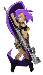 Rule 34 | 1girl, blue eyes, breasts, cleavage, cosplay, crossover, datwondoude, gun, highres, metal gear (series), metal gear solid v: the phantom pain, open mouth, pointy ears, ponytail, purple hair, quiet (metal gear) (cosplay), shantae, shantae (series), solo, weapon, white background