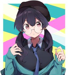 Rule 34 | 1girl, :o, absurdres, beret, black hat, black shirt, blue jacket, blue necktie, breasts, brown hair, brown hat, collared shirt, commentary request, fingernails, glasses, hair between eyes, hands up, hat, highres, jacket, kazenoko, large breasts, looking at viewer, low twintails, necktie, off shoulder, original, parted lips, red eyes, round eyewear, shirt, sleeves past wrists, solo, twintails