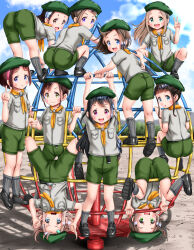 6+girls :3 :d ass blonde_hair blue_eyes blue_sky blush breasts brown_eyes brown_hair child climbing cloud day girl_scout green_eyes green_hat green_shorts grey_shirt hair_ornament happy hat higeepon loli looking_at_viewer looking_back multiple_girls open_mouth oppai_loli original playground purple_eyes scarf shirt shoes shorts sky smile socks top-down_bottom-up v yellow_eyes yellow_scarf